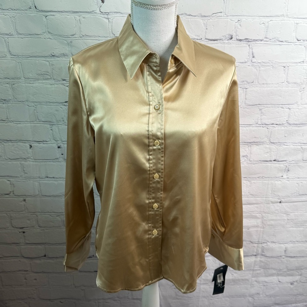 KASPER Classic Champagne Satin Style Vintage Blouse Top Large Petite